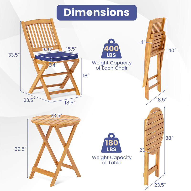3 Pieces Acacia Wood Patio Folding Bistro Set with Soft Cushions