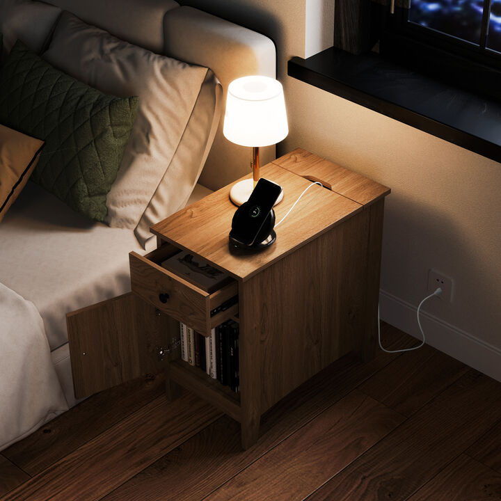 Flip Top End Table with Charging Station USB Ports Outlets and Drawer