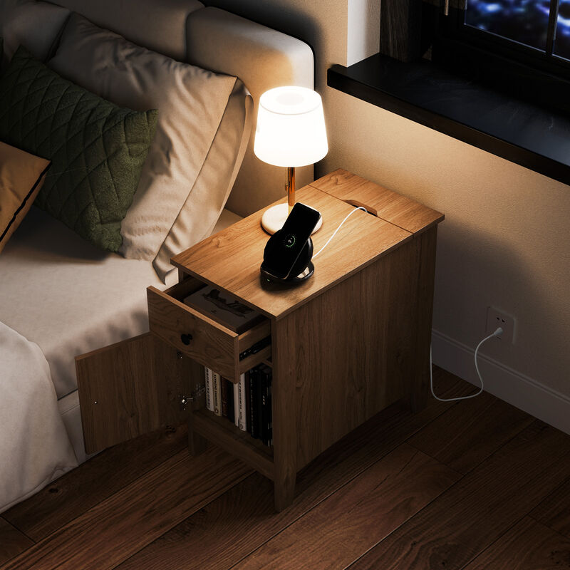Flip Top End Table with Charging Station USB Ports Outlets and Drawer image number 1