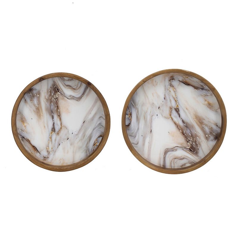 18, 15 Inch Round Decorative Tray, Marble Effect, Brown Fir Wood Frame image number 3
