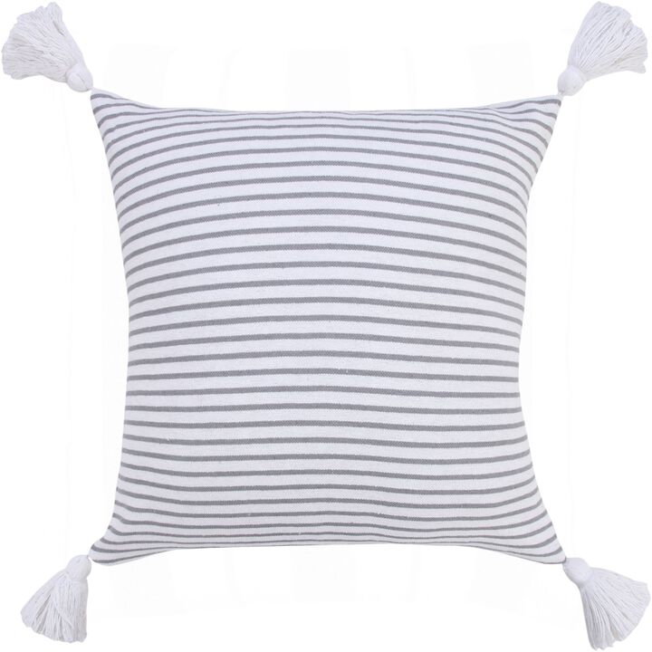 20" White and Gray Striped Tassels Square Throw Pillow