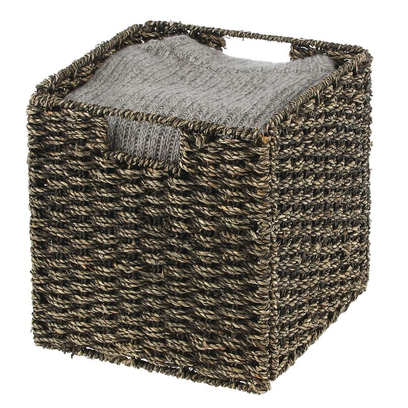 mDesign Seagrass Woven Cube Bin Basket Organizer, Handles, 4 Pack, Black Wash image number 8