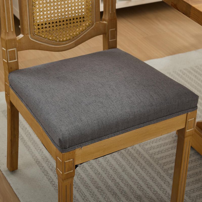 Set of 2 Solid Wood Rattan-Back Dining Chair, Matte Linen Cushion with High-Resilience Foam image number 5