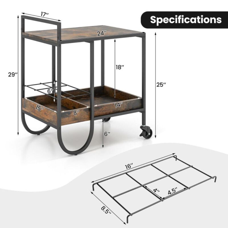 Hivvago Rolling Buffet Serving Cart with Removable Metal Wire Wine Rack
