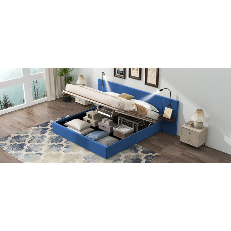Queen Size Storage Upholstered Hydraulic Platform Bed with 2 Shelves, 2 Lights and USB, Blue