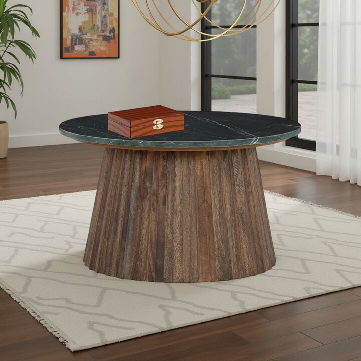 Ceil Cocktail Coffee Table, 26 Inch Fluted Flared Base, Black Marble
