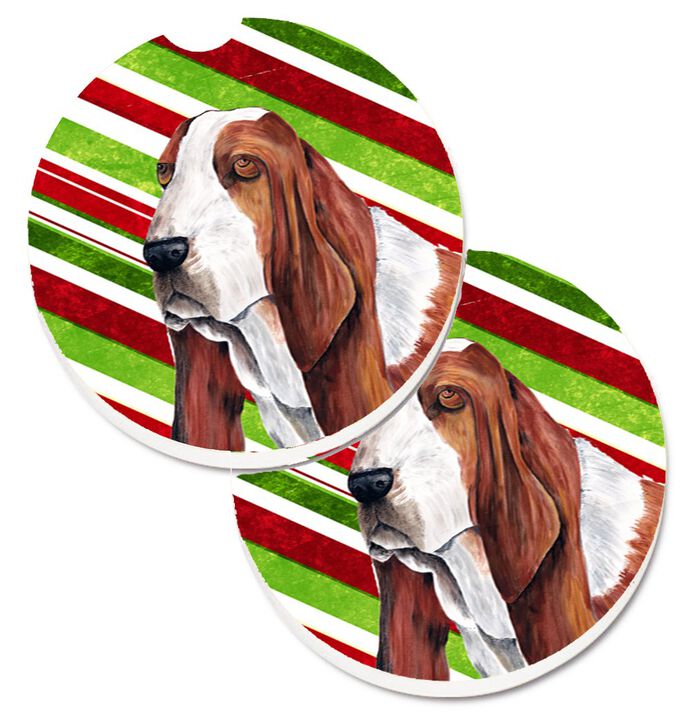 Caroline's Treasures Basset Hound Candy Cane Holiday Christmas Set of 2 Cup Holder Car Coasters SC9332CARC, 2.56, Multicolor