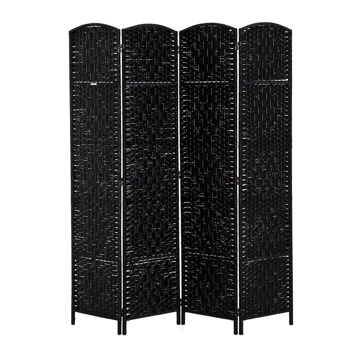 6' Tall Wicker Weave 4 Panel Room Divider Wall Divider, Black