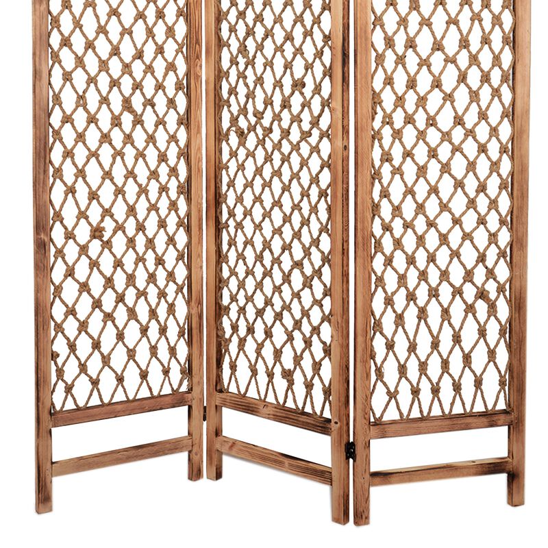 3 Panel Traditional Foldable Screen with Rope Knot Design, Brown-Benzara
