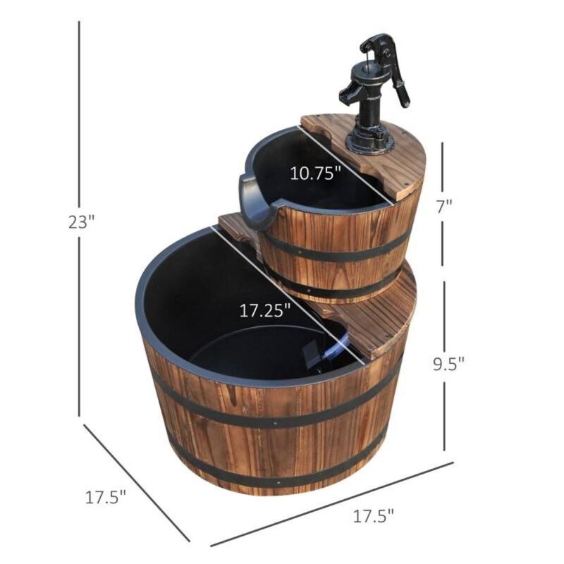 Outdoor 2-Tier Solid Wood Whiskey Barrel Waterfall Fountain with Electric Pump for Rustic Patio and Garden Décor
