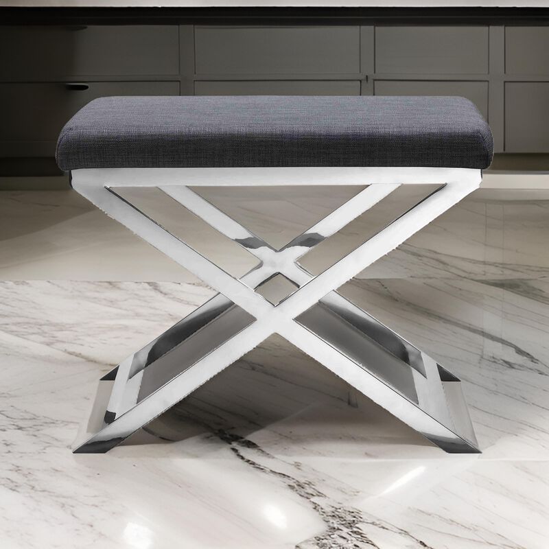Sovi 20 Inch Accent Stool Ottoman, X Shape Steel Legs, Charcoal Gray - Benzara