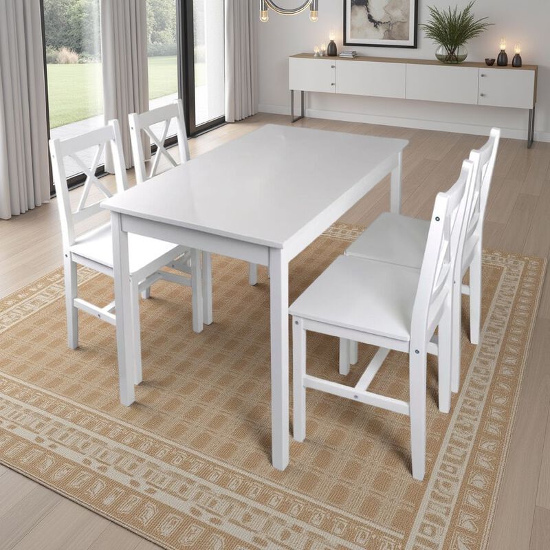 5pc Dining Table and Chairs Set, 43 Inch Top Farmhouse White Pine Wood - Benzara