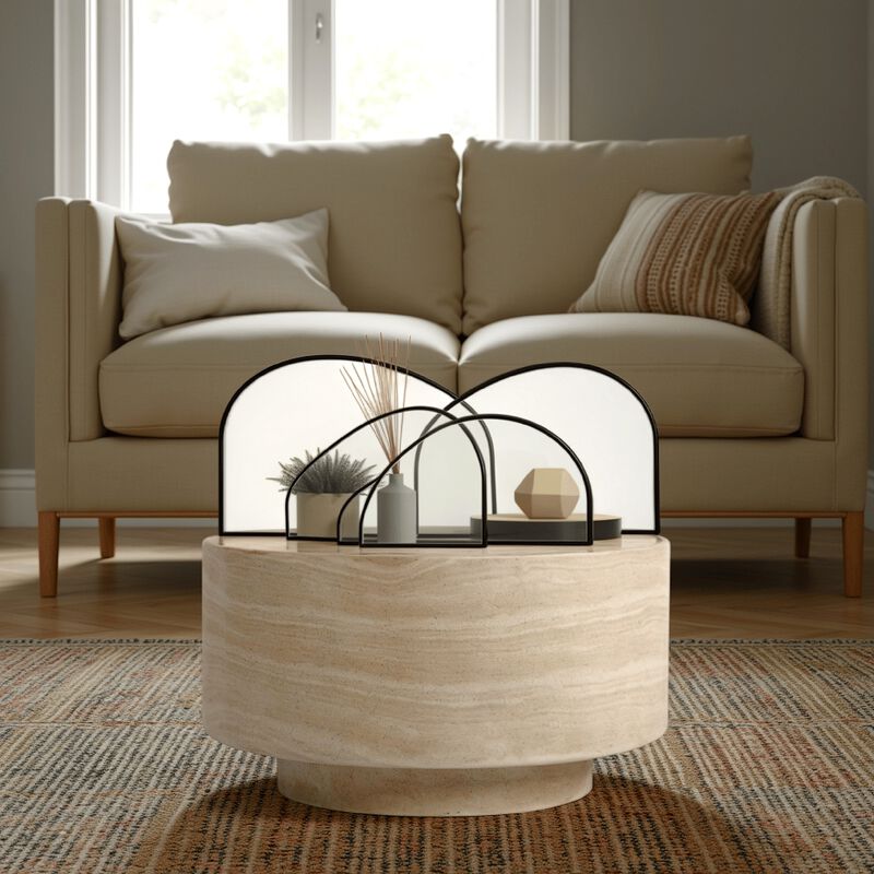 Kiva Outdoor Coffee Table, Plinth Style Base, Beige Concrete 31 Inch - Benzara