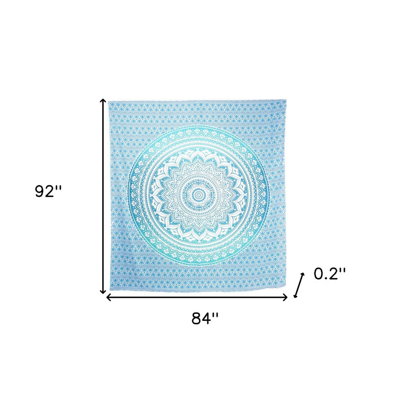 HomeRoots 92" X 84" Sea Green And White Mandala Cotton Hanging Tapestry image number 2