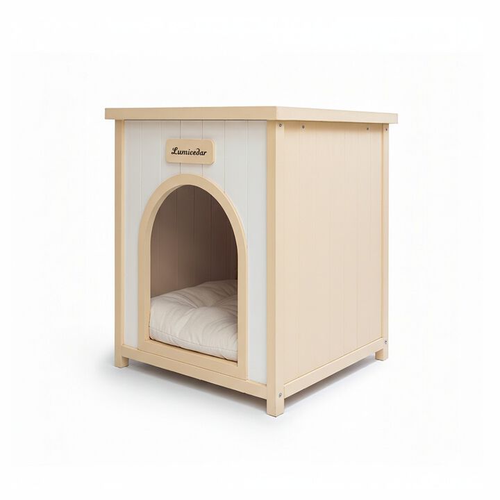 Cream Yellow Flat Roof Pet House, Solid Wood Indoor Shelter for Small Cats & Dogs