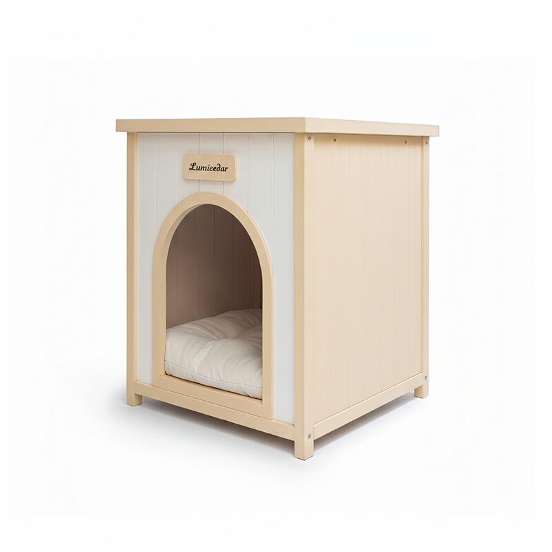 Cream Yellow Flat Roof Pet House, Solid Wood Indoor Shelter for Small Cats & Dogs image number 0