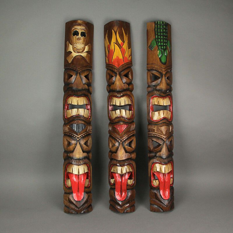 Set of 3 Double Tiki Mask Totem Hand Carved Wall Decor Tribal Sculpture 40 Inch image number 3