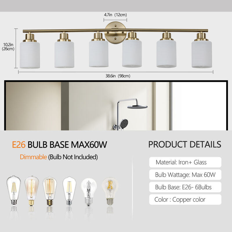 ELEMENT ACE 39 Inch 6-Light Wall Mounted Vanity Lighting Fixture with Frosted Glass Shades for Bathroom Dressing Room Hallway Indoor Decorative Illumination image number 9