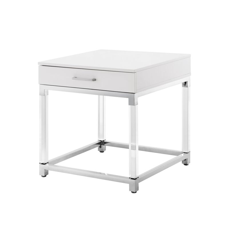 Inspired Home Kalel High Gloss 1 Drawer End Table with Acrylic Legs Stainless Steel Base
