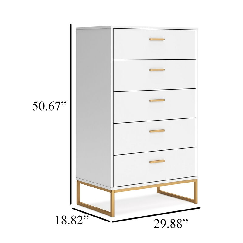 Alli Tall Dresser Chest, 5 Drawers, Matte White, Gold Metal, 51 Inch