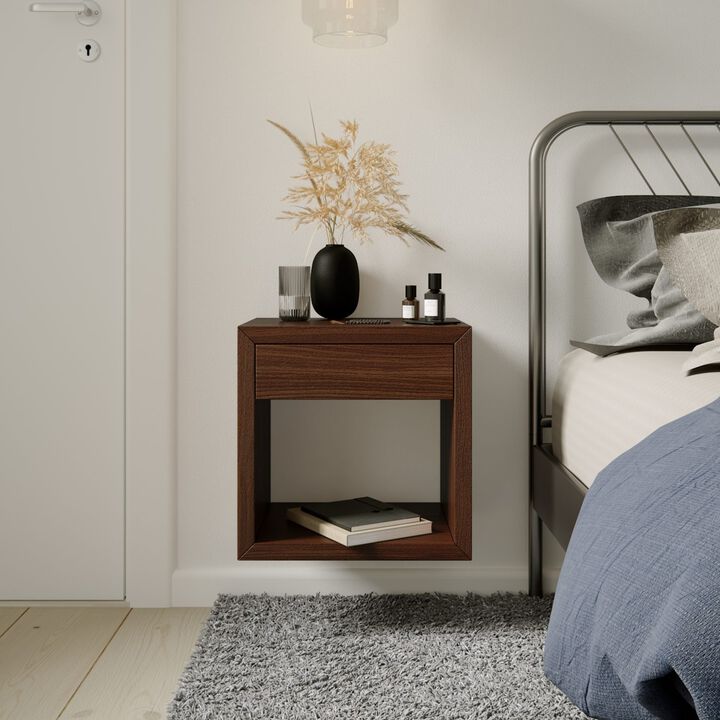 Wide Mid-Century Modern Walnut Finish, Hardwood Floating Nightstand with Drawer - Bedside Table for Bedroom