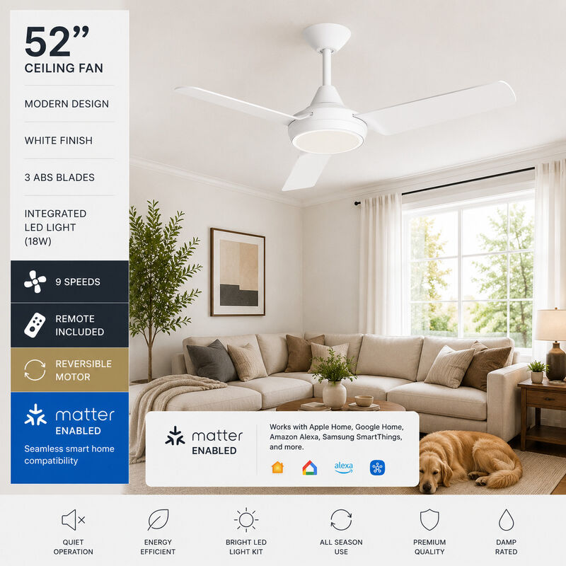 ENLIGHT 52" Smart DC Ceiling Fan with Light, Matter Smart Home Integration, CCT and Dimmable LED, 3 Blades, Damp/Outdoor Covered Rated image number 1