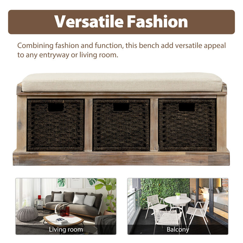 Rustic Storage Bench With 3 Removable Classic Rattan Basket, Entryway Bench