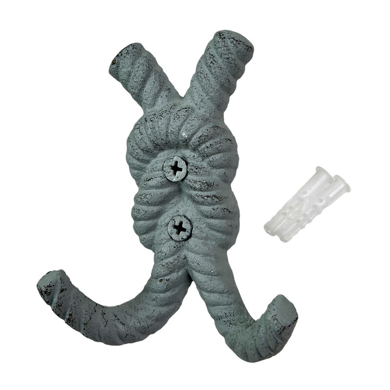 Zeckos 4 Inch Cast Iron Rope Knot Wall Hooks, Set of 3 Nautical Coastal Double Hooks in Green, Blue and White with Matching Screws, Decorative Entryway, Bathroom or Beach House Wall Storage image number 2