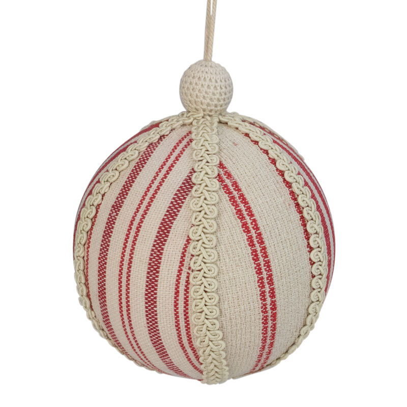 6" White and Red Striped Ball Christmas Ornament with Rope Accent image number 2