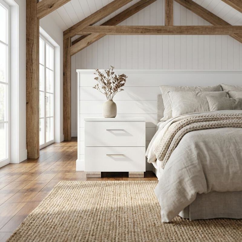 FurniFact White Solid Wood Nightstand with 2 Drawers for Bedroom Decor image number 1