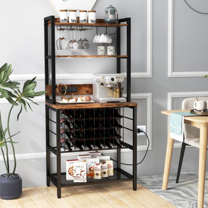 Hivvago Wine Bar Cabinet Wine Rack with 4 Tier Storage Shelves and Glass Holders
