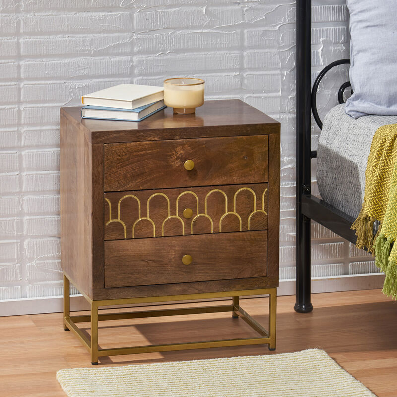 Streamdale Gold Fish Scale 3-Drawer Mango Wood Contemporary Side Table