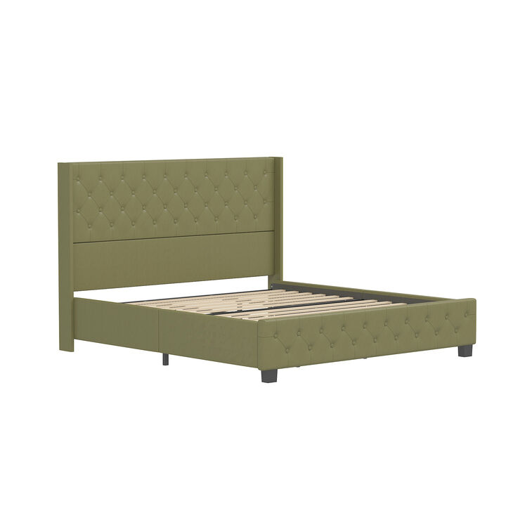 FUFU&GAGA Minimalist Leather King Bed with Iron Frame Tall Button-Detail Headboard Wood and Iron Legs 86.2''L x 79.9''W x 53.1''H Green