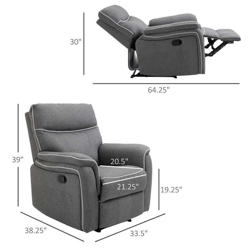 Manual Recliner Chair Rocker Recliner with Thick Padded Headrest, Back and Footrest and Adjustable 150 Degree Angle, Grey