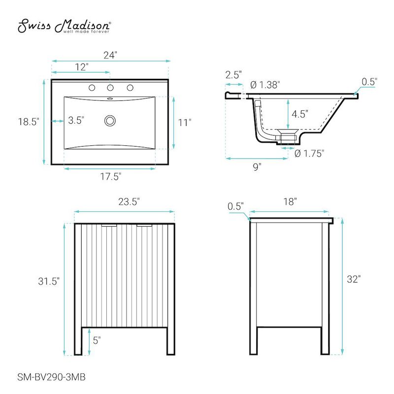 Bastille 24 in. White Bathroom Vanity with 3-Hole Ceramic Sink Top image number 4