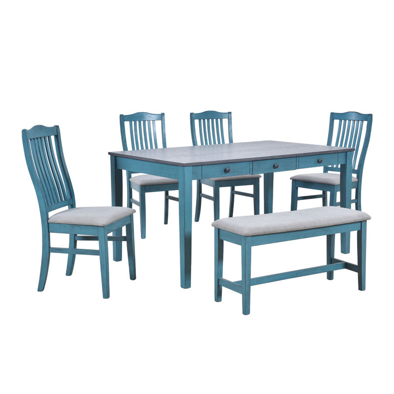 Mid-Century 6-Piece Wood Dining Table Set, Kitchen Table Set with Drawer, Upholstered Chairs and Bench, Antique Blue image number 7