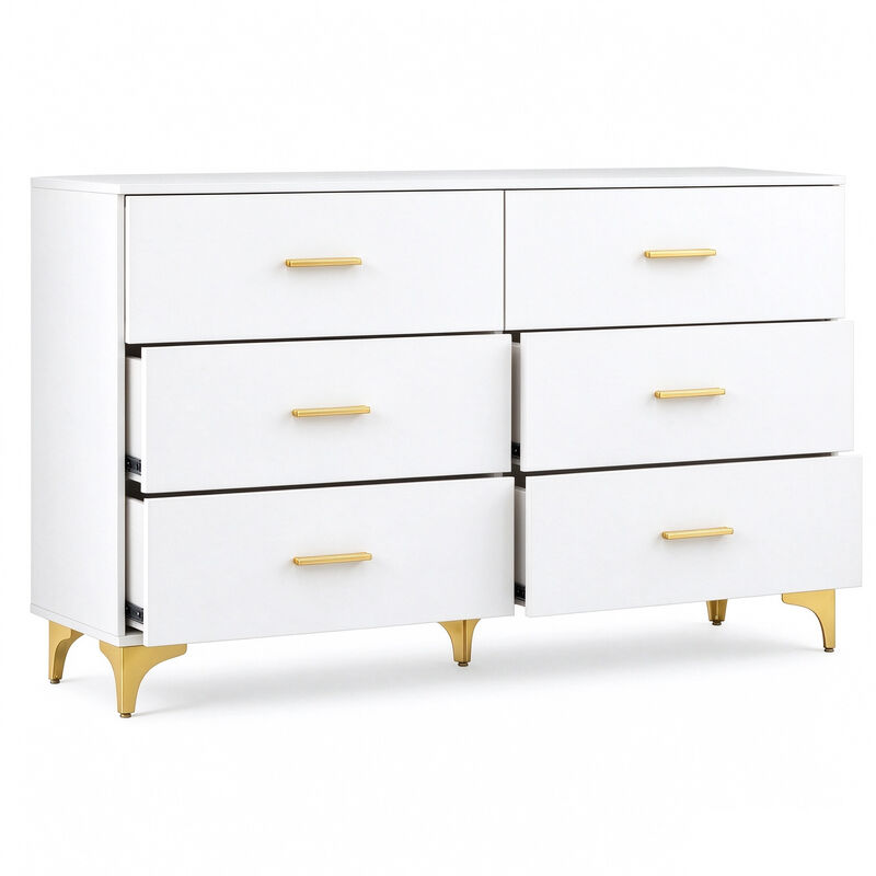 47" White 6 Drawer Dresser with Gold Handles & Legs image number 4