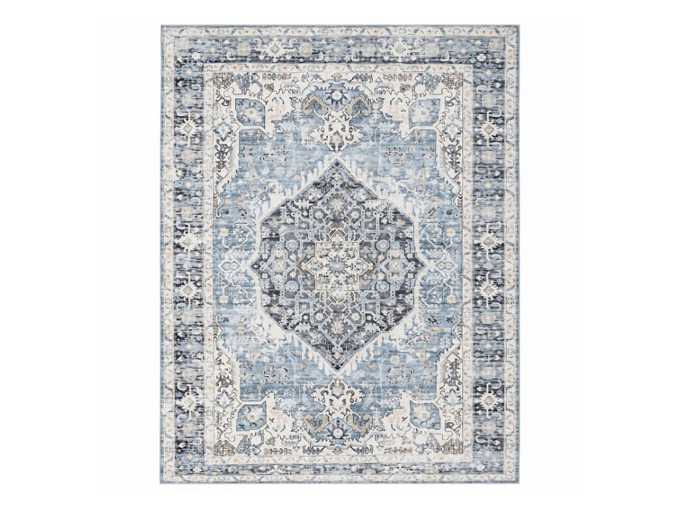 Light Blue Vintage Boho Rug 8x10 Washable Non Slip Living Room Carpet