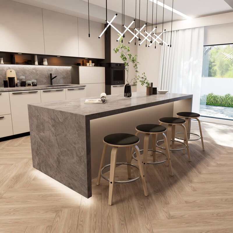 LeisureMod Counter Stool Upholstered in Leather with Stained Poplar Wood Frame & Chrome Iron Footrest with 360-Degree Swivel for Modern Home, Kitchen, Bars, Cafes Pelya Collection