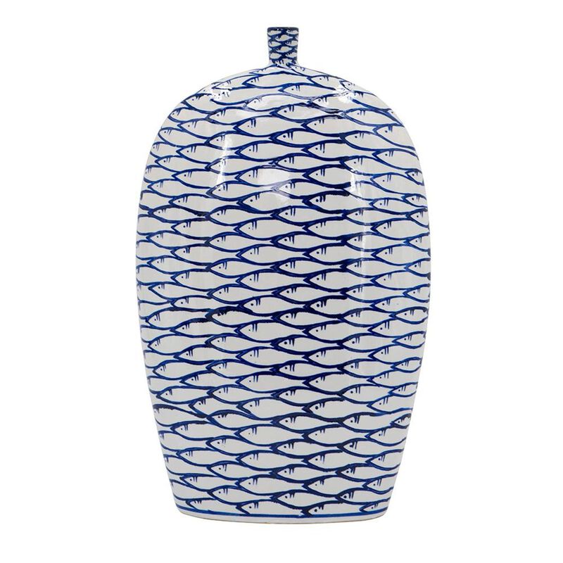 HomeRoots 16" Blue And White Fish Print Oval Ceramic Table Vase image number 0