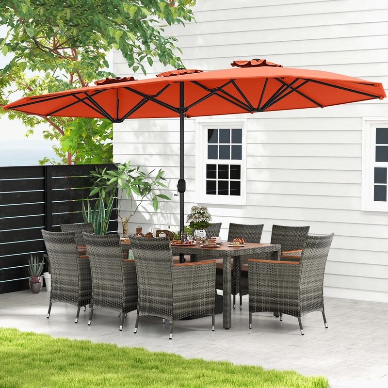 Mondawe 10 Pcs Patio Wicker Dining Set,1 Table With 15ft Double-Sided Umbrella & 8 Cushioned Chairs