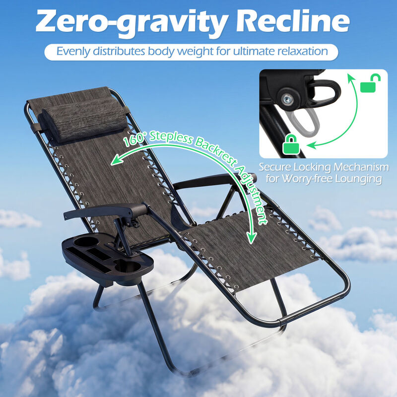 Set of 2 Folding Zero Gravity Chairs with Tray and Backrest image number 4