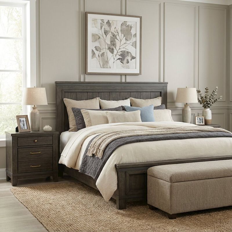 Rock Beaten Brown Panel Headboard with Saw Cuts Rustic Solid Wood Design image number 2