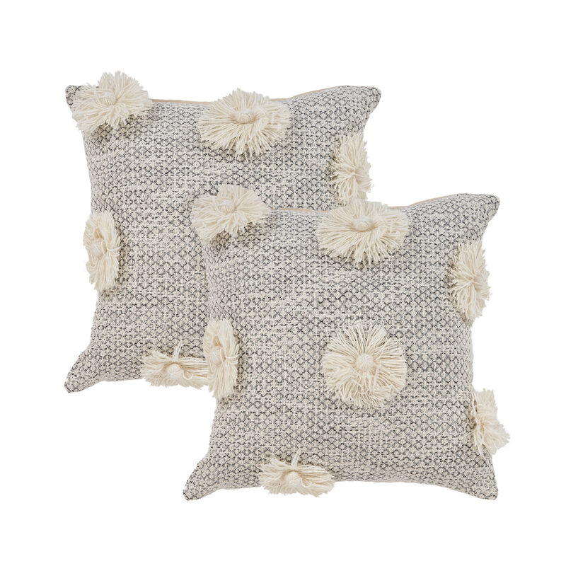 HomeRoots Set of Two Gray and Ivory Floral Cotton Throw Pillows With Fringe image number 0