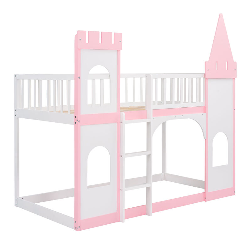Whisen Twin Over Twin Castle Bunk Bed with Ladder, Solid Wood Playhouse Loft Bed with Guardrails for Kids Bedroom image number 3