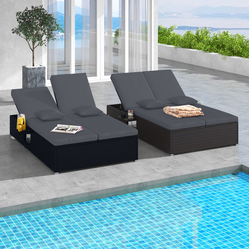 Double Chaise Patio Lounge with Thick Cushions and Foldable Side Trays image number 3