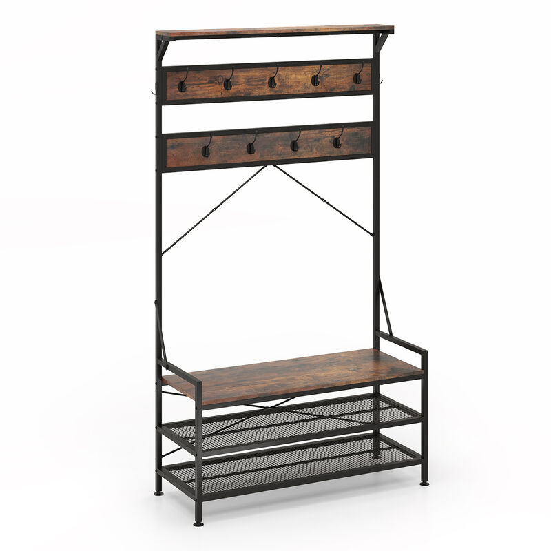 Multi-Functional Hall Tree with Coat Rack, 11 Hooks, and Shoe Storage Bench