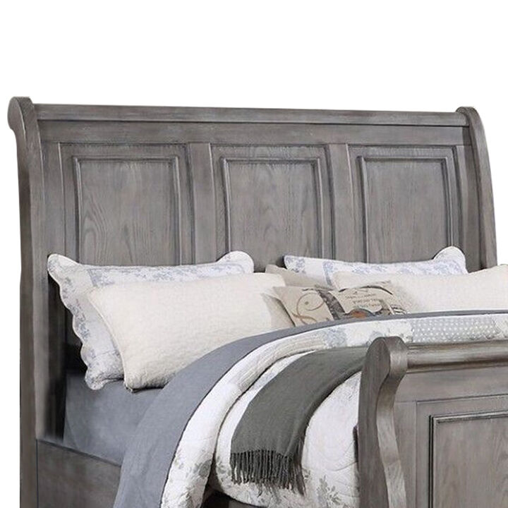 Demi King Size Bed, Sleigh Headboard, Tri Panel Molding, Oak Gray Wood - Benzara
