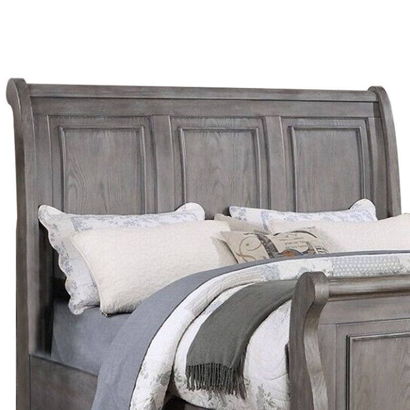 Demi King Size Bed, Sleigh Headboard, Tri Panel Molding, Oak Gray Wood - Benzara