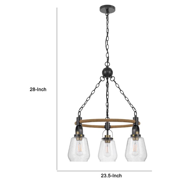 3 Light Chandelier, Rope Accents, Bubble Glass Bulbs, Black Metal 28 Inch image number 7